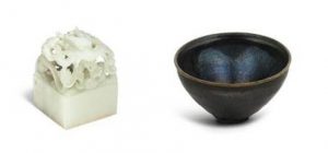 A Qing Dynasty imperial celadorn jade seal (£500,000-700,000) and a Southern Song Dynasty hares fur  Tenmoku bowl (£300,000-400,000)